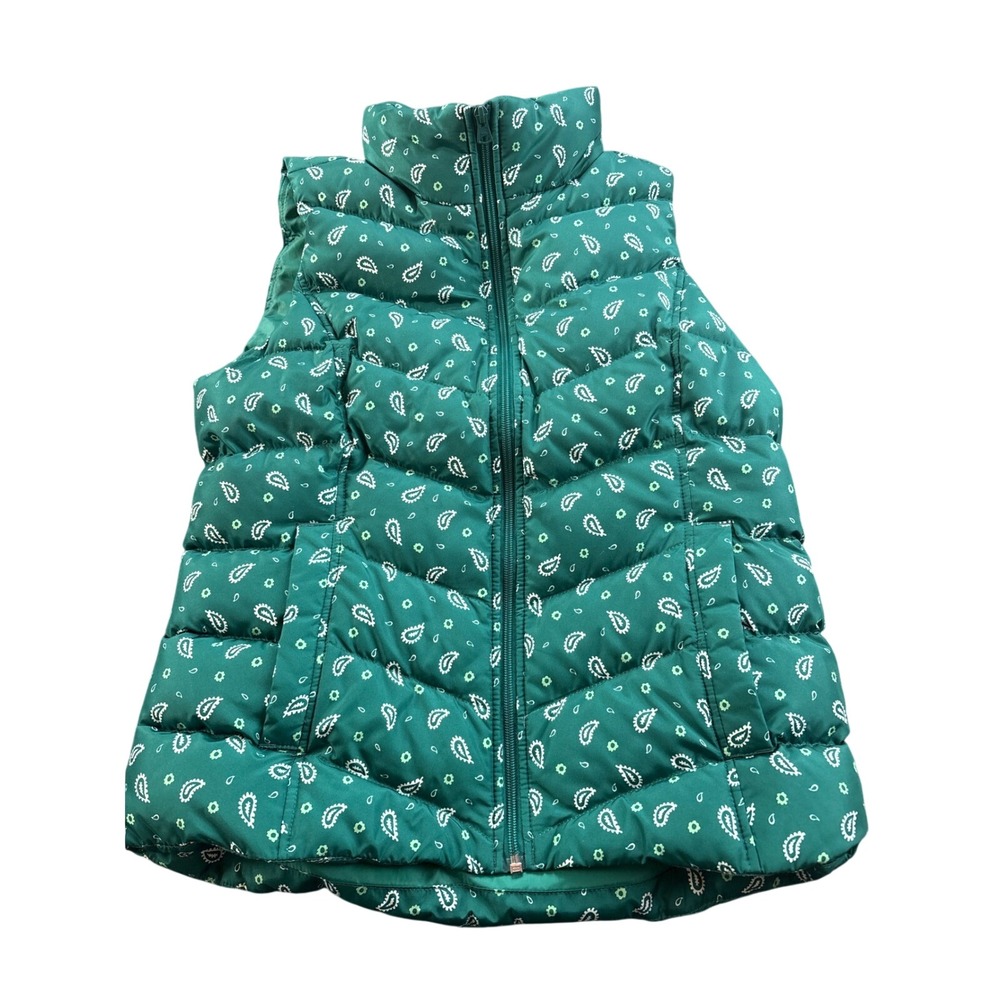 Lands End Green Paisley Down‎ Puffer Vest Women's Size S Lightweight Full Zip